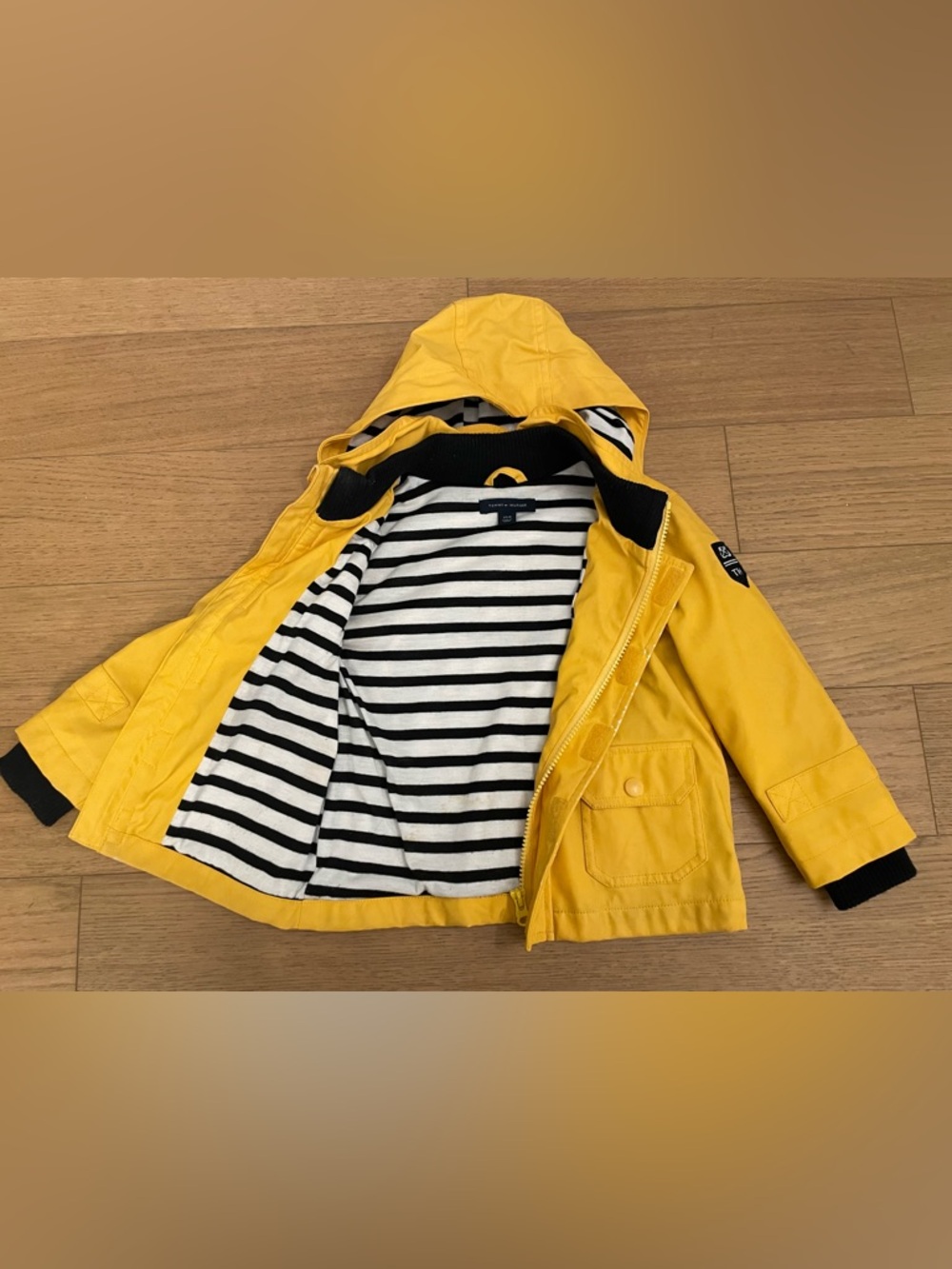 Tommy Hilfiger Yellow Hooded Kids Raincoat with Striped Lining Size 3T